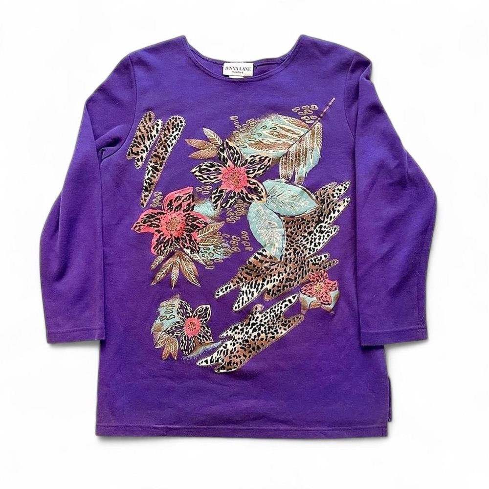 Vintage 1990s Purple Floral & Leopard Print Long Sleeve Top L